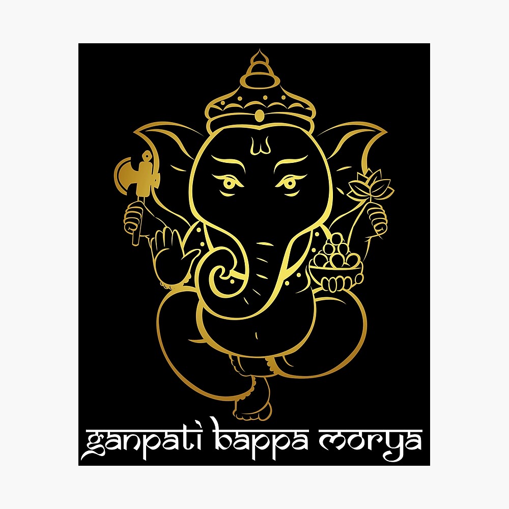 Ganpati Bappa Morya Text with Golden Lord Ganesha Image