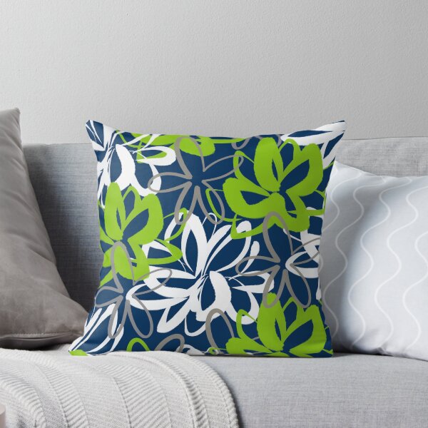 Aperçu de l'œuvre Motif floral peint Lotus Garden en vert lime, blanc, gris et bleu marine créée et vendue par kierkegaard.
