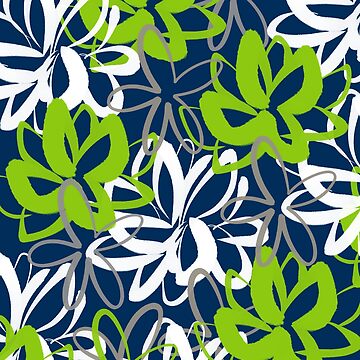 Aperçu de l'œuvre Motif floral peint Lotus Garden en vert lime, blanc, gris et bleu marine de kierkegaard