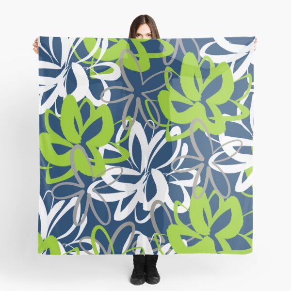 Lotus Garden Painted Floral Pattern in Lime Green, White, Gray, and Navy Blue Scarf