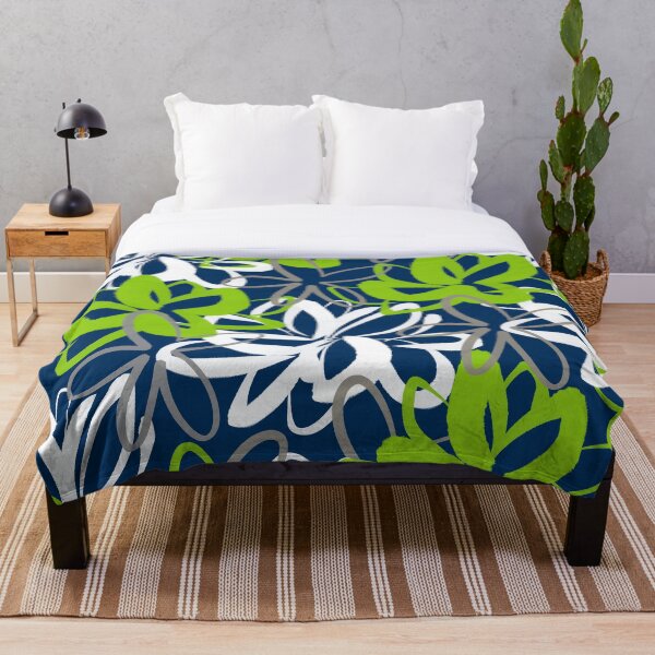 Lotus Garden Painted Floral Pattern in Lime Green, White, Gray, and Navy Blue Throw Blanket