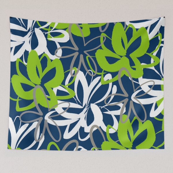 Item preview, Lotus Garden Painted Floral Pattern in Lime Green, White, Gray, and Navy Blue designed and sold by kierkegaard.