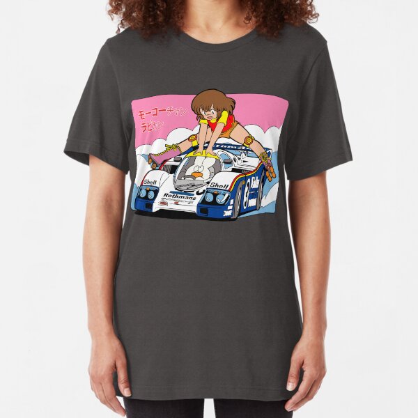 Mokochan and Rabbikun with a race car - with background. Slim Fit T-Shirt