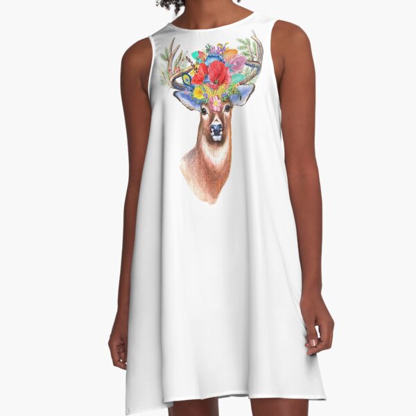Stag. Wildflower. Floral, Boho, Flower, Deer, Woodland. A-Line Dress