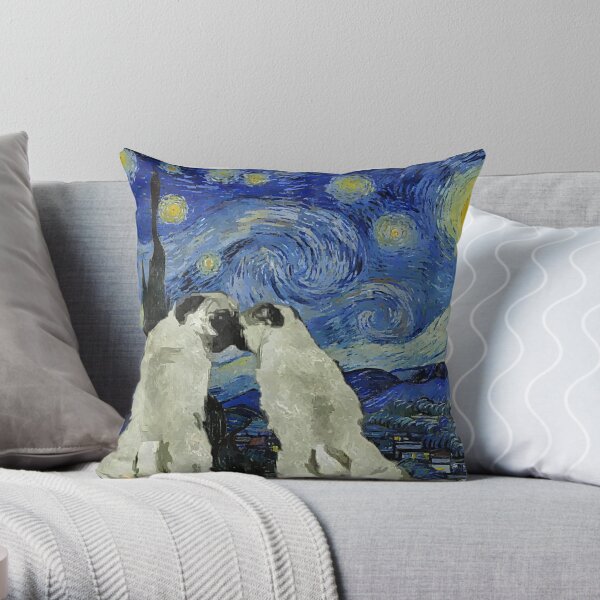 Starry Night Pugs Throw Pillow