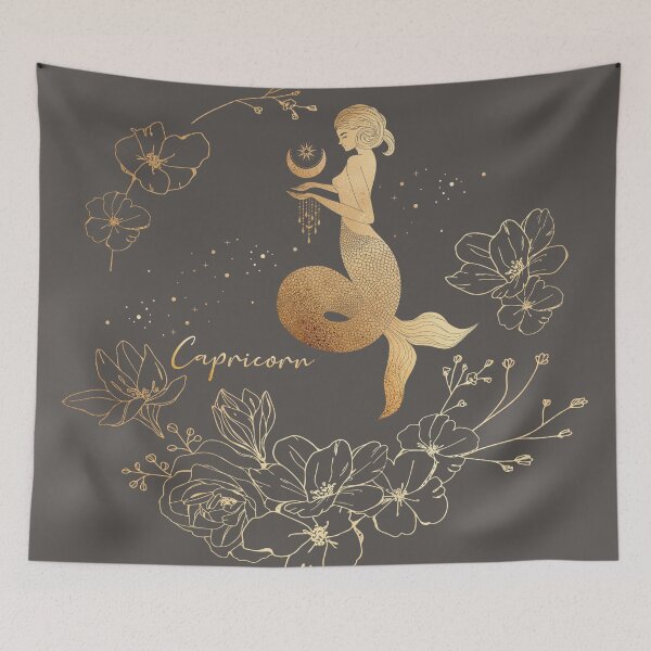 Item preview, Capricorn Woman Mermaid in the Stars Holding the Moon Surrounded by a Floral Wreath - Gray designed and sold by Breece.