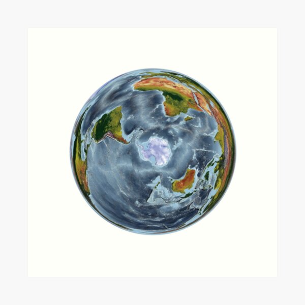 Vista previa del artículo con la obra «Proyección WGS 84 EASE Grid South: mapa en relieve mundial que muestra la tierra y los océanos», diseñado y vendido por ThinkAboutMaps.