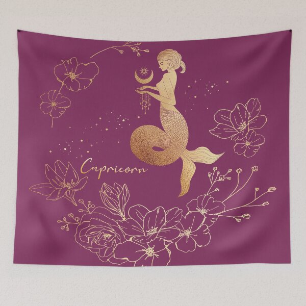 Item preview, Capricorn Woman Mermaid in the Stars Holding the Moon Surrounded by a Floral Wreath - Pink designed and sold by Breece.