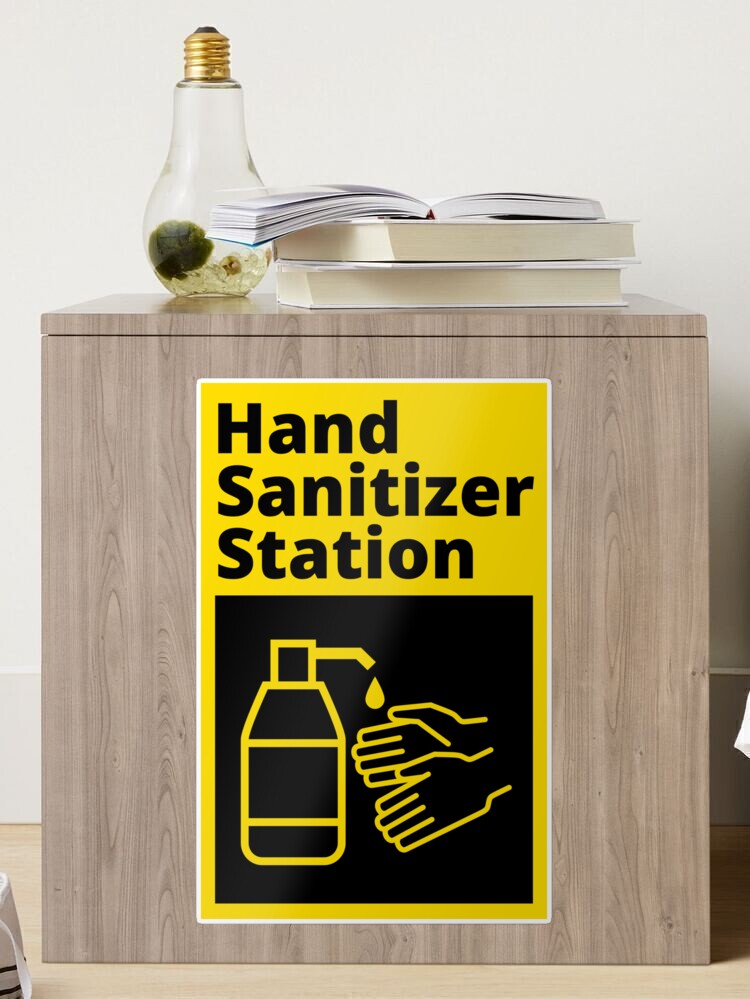 Sticker, Hand sanitizer station - black and yellow sign designed and sold by SocialShop