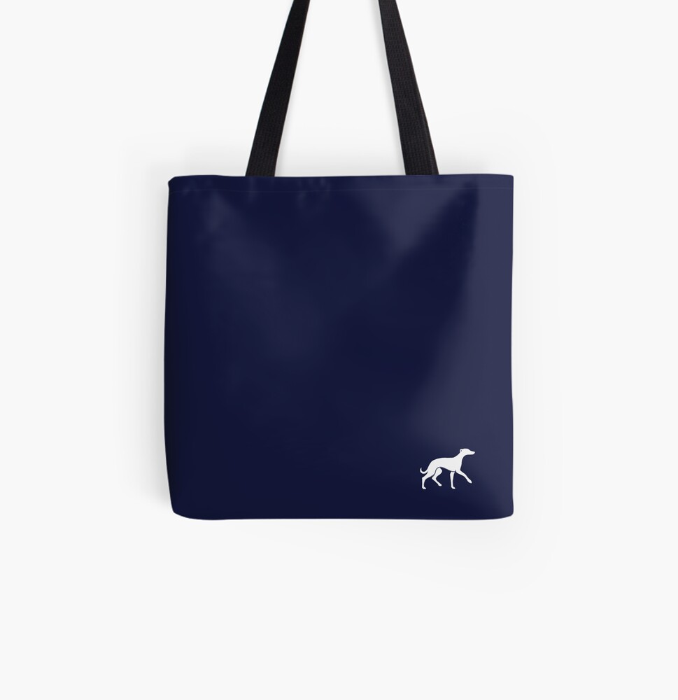 White Whippet On Navy Design All Over Print Tote Bag