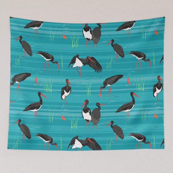 Item preview, Black stork, gold fish on turquoise designed and sold by kobyakov.
