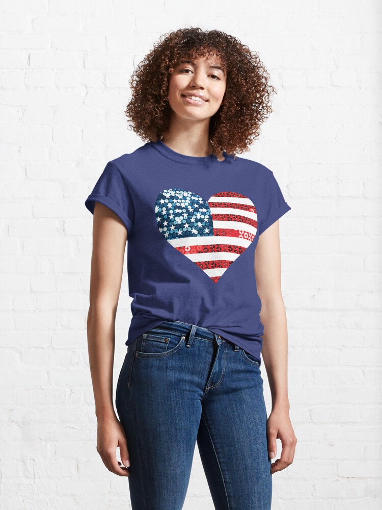 Disover usa flag heart sequin print | Classic T-Shirt