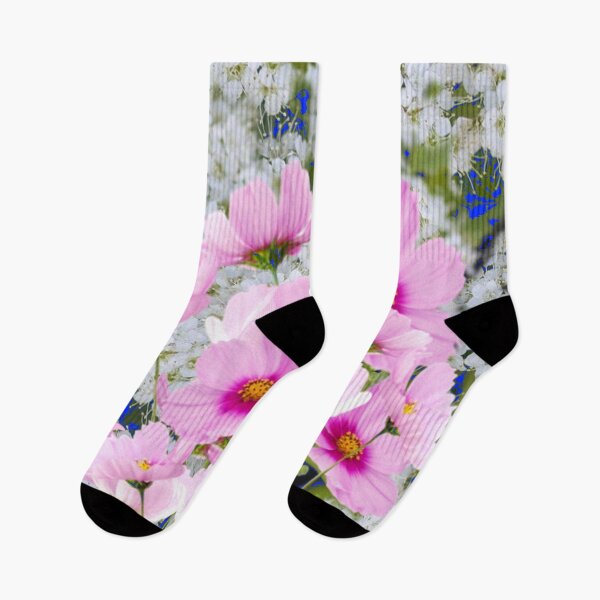 Item preview, PINK COSMOS GARDEN & white spirea flowers blue art designed and sold by sharlesart.