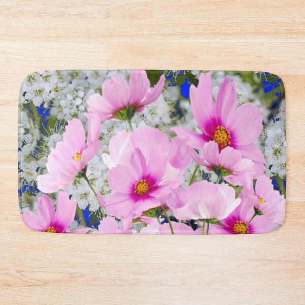 Item preview, PINK COSMOS GARDEN & white spirea flowers blue art designed and sold by sharlesart.