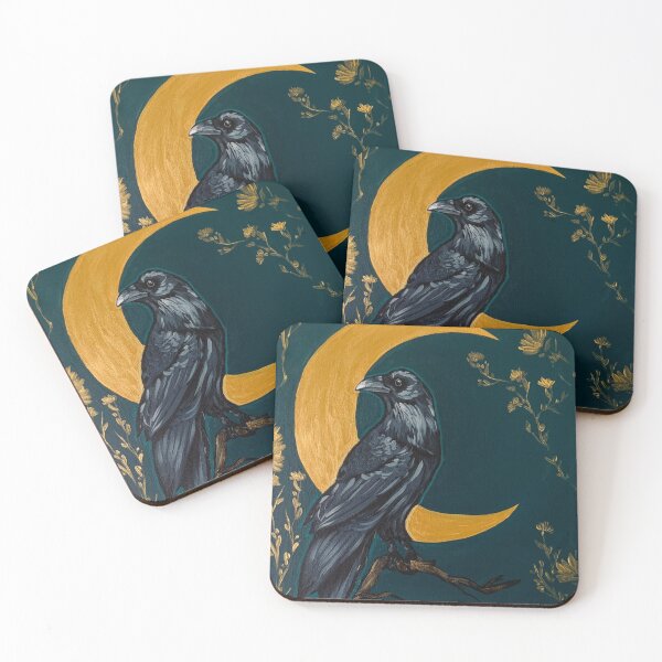 Item preview, Blue and gold raven perched with crescent moon designed and sold by Lydialeighart.
