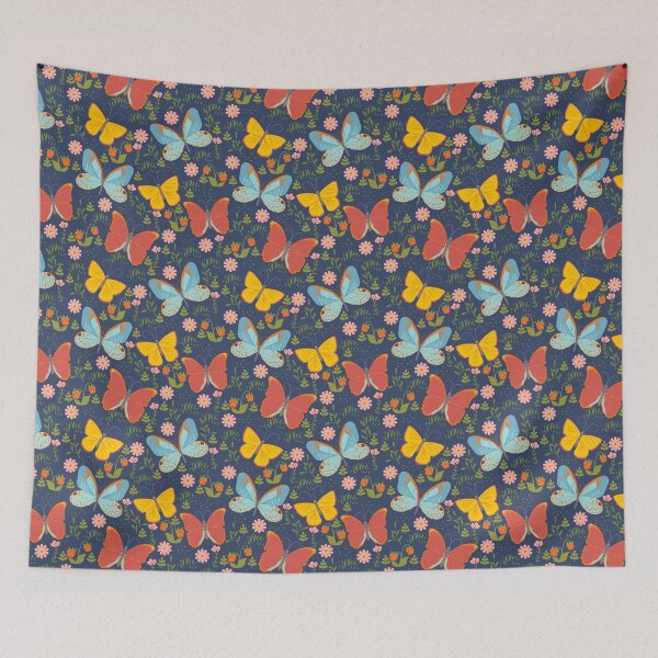 Item preview, Butterflies and flowers on a blue background designed and sold by burbura.