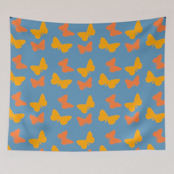 Artikelvorschau, Gelb-Orange-Schmetterlings-Muster auf blauem Hintergrund entworfen und verkauft von KeksWorkroom.