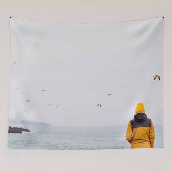 Item preview, A person wandering at the sea with flying birds in pastel tones designed and sold by Carmen Jost.