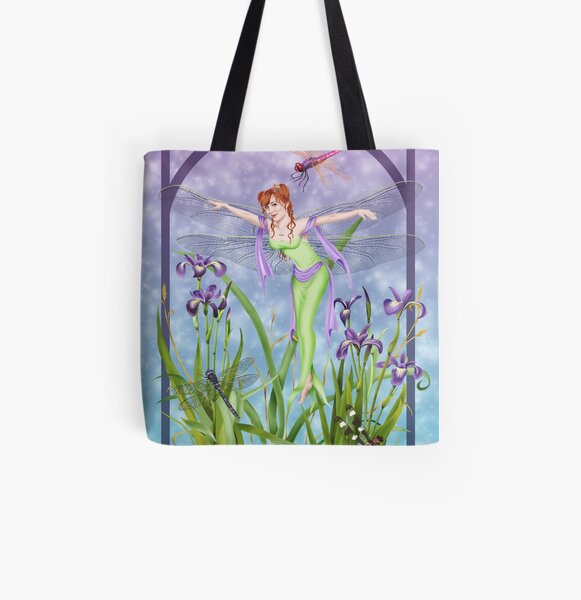 Dragonfly Dancing Fairy Iris Pond All Over Print Tote Bag