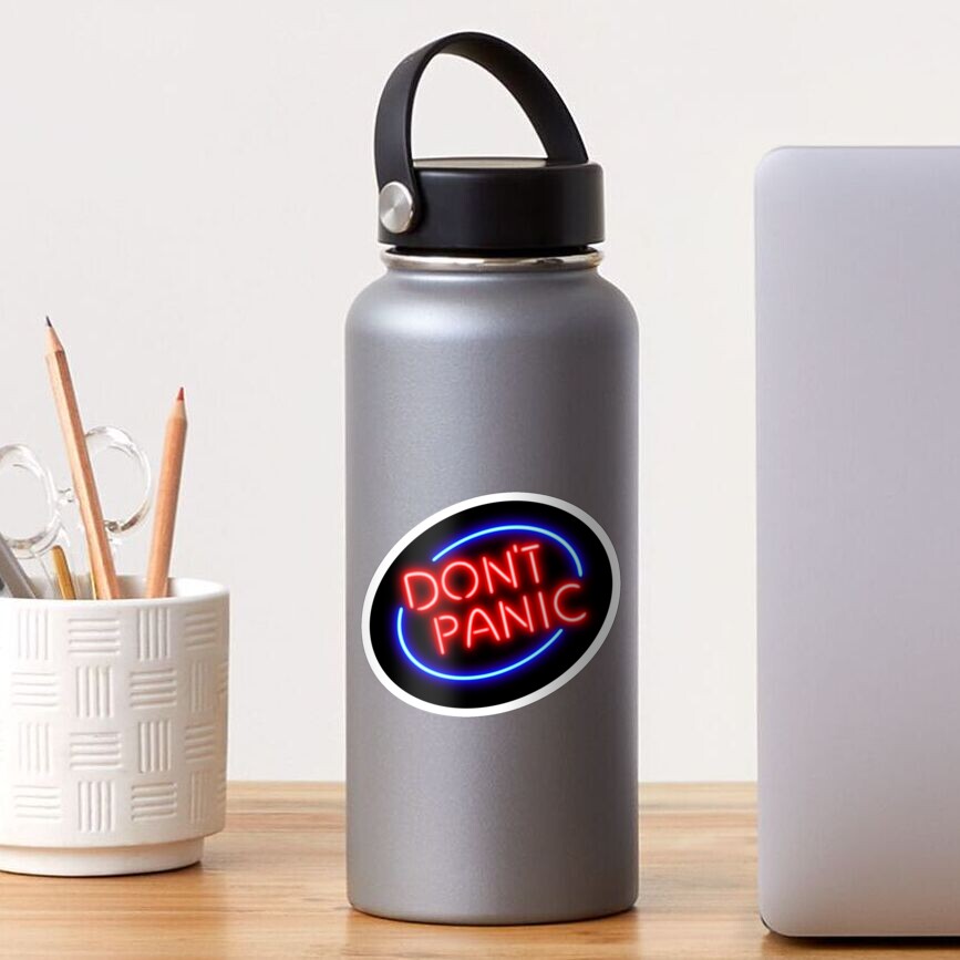"Hitchhiker's Guide - "Don't Panic" Neon Sign" Sticker for Sale by
