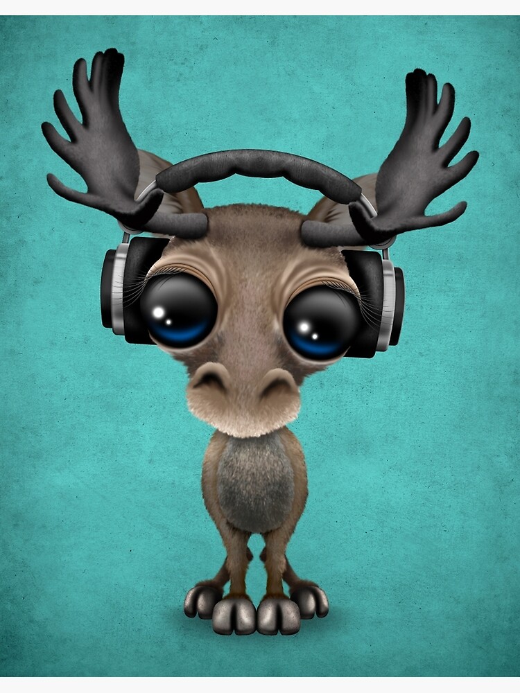 "Cute Musical Moose Dj Wearing Headphones Blue" Photographic Print by
