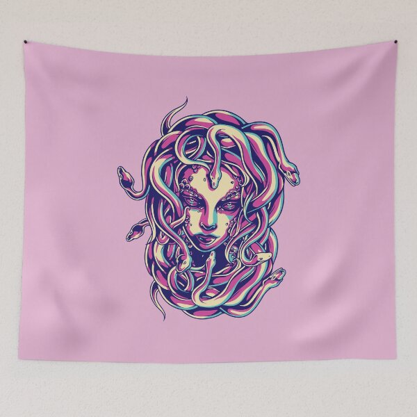 Item preview, Gaze of the Gorgon: Face of Medusa / Gorgo The queen with snakes - teal/pink - pink background designed and sold by Kinisis.