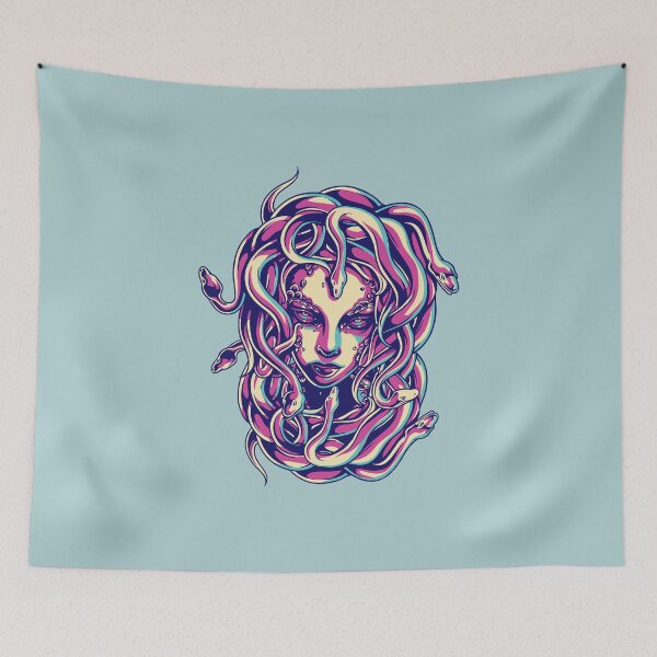 Item preview, Medusa Gorgon woman face with snakes for and in hair from greek mythology - teal background designed and sold by Kinisis.