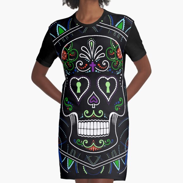 Mexican Calavera Skull Mandala - Day of the Dead Graphic T-Shirt Dress