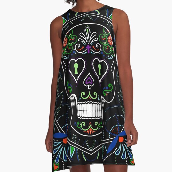 Mexican Calavera Skull Mandala - Day of the Dead A-Line Dress