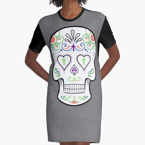Mexican Calavera Skull White - Day of the Dead Graphic T-Shirt Dress