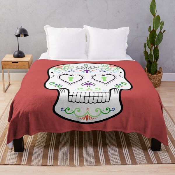 Mexican Calavera Skull White - Day of the Dead Throw Blanket