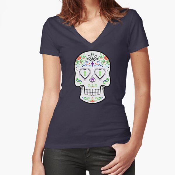 Mexican Calavera Skull White - Day of the Dead Fitted V-Neck T-Shirt