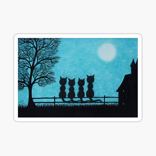 "Four Cats, Tree, Moon and Stars" Sticker by claudineperonne Redbubble