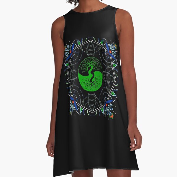 Green Yin Yang Tree of Life Mandala - Sacred Geometry A-Line Dress