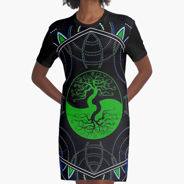 Green Yin Yang Tree of Life Mandala - Sacred Geometry Graphic T-Shirt Dress