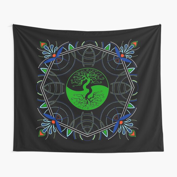 Green Yin Yang Tree of Life Mandala - Sacred Geometry Tapestry
