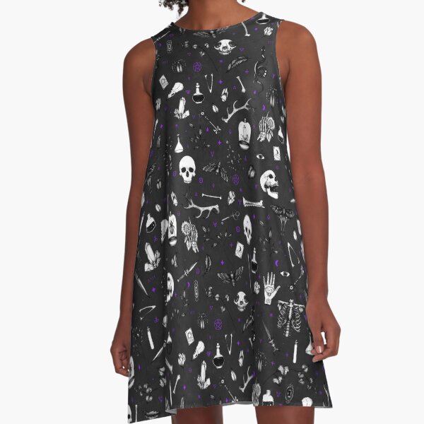Black and Purple Witchy Pattern A-Line Dress