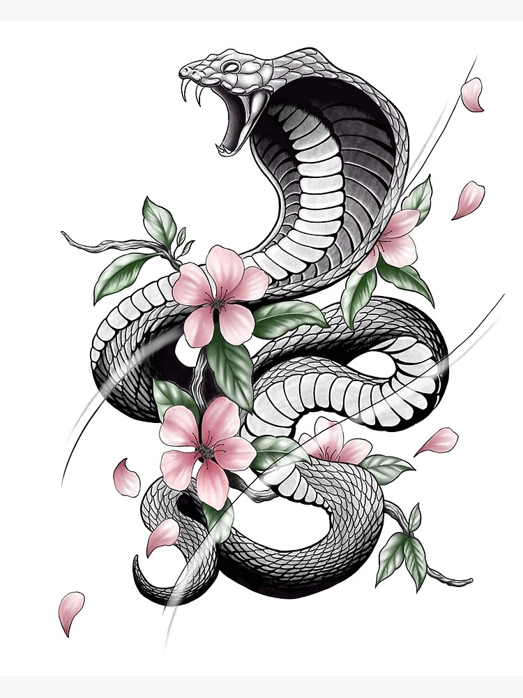 Postal «Estilo de tatuaje de cobra feroz con flores de cerezo» de Tred85 |  Redbubble