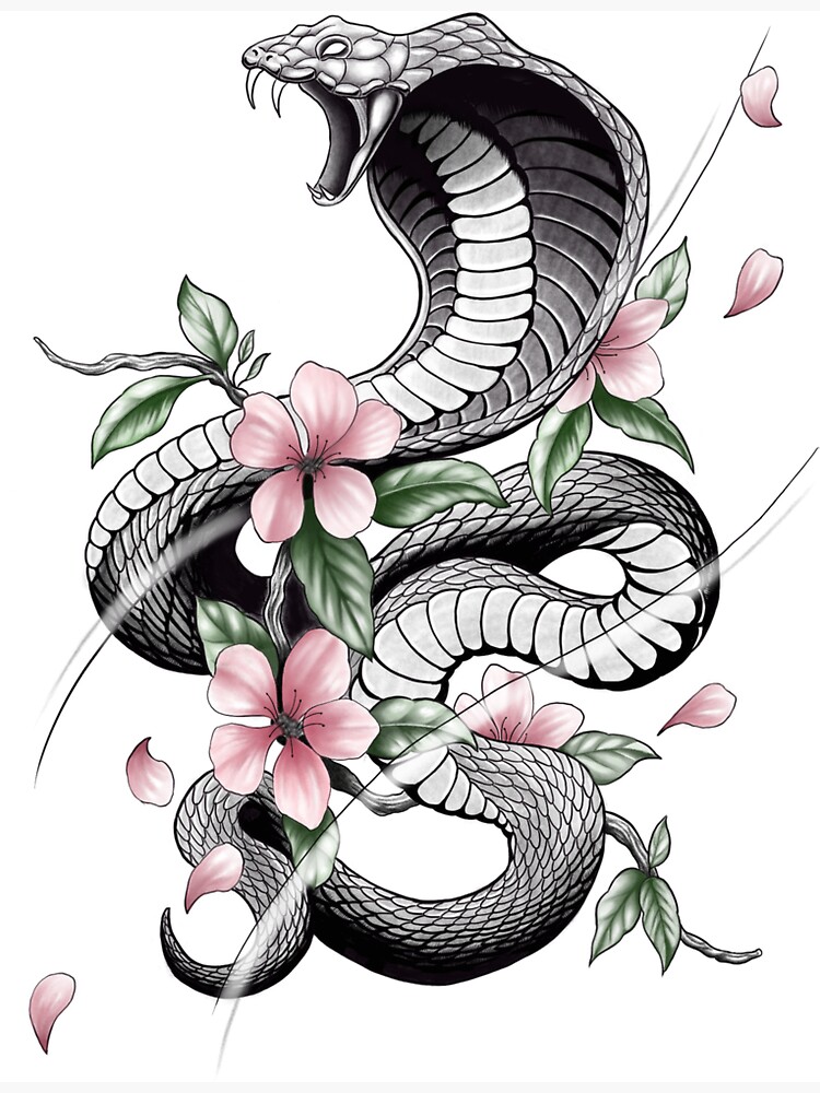 Fierce Cobra Tattoo Style with Cherry Blossoms