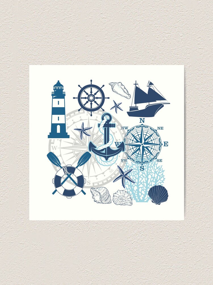 Lighthouse Anchor Ship Wheel Navy Blue Illustration White store Coastal Decor 3