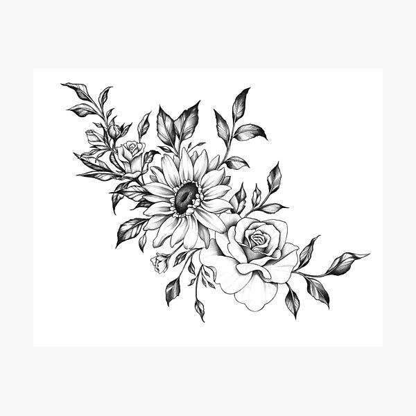 Aperçu de l'œuvre Conception de tatouage de fleur de soleil et de roses créée et vendue par Tyler Rosso.