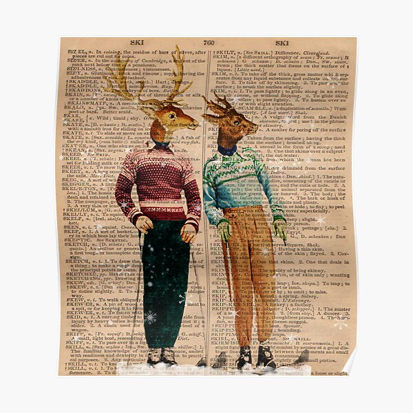 Antique Dictionary Page Snow Ski Deer Poster