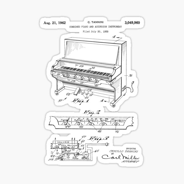 Item preview, Combined piano and accordion instrument patent 1962 - black designed and sold by InkedArtPrints.