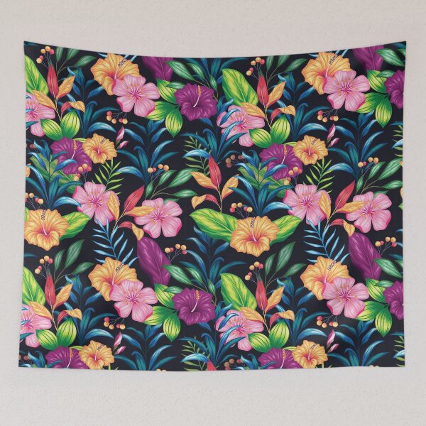 Item preview, Tropical colored flowers on black background, colorful design, summer colors designed and sold by Twinstyle.