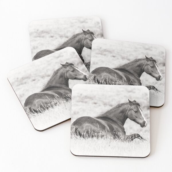 Item preview, Equine Elegance - Black and White Photo of a Horse Relaxing in a Field designed and sold by ChrisWrightPics.
