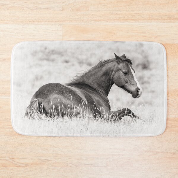 Item preview, Equine Elegance - Black and White Photo of a Horse Relaxing in a Field designed and sold by ChrisWrightPics.