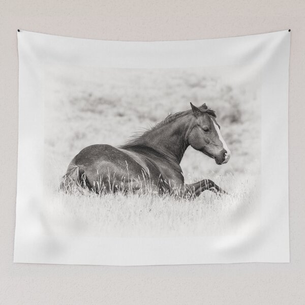 Item preview, Equine Elegance - Black and White Photo of a Horse Relaxing in a Field designed and sold by ChrisWrightPics.