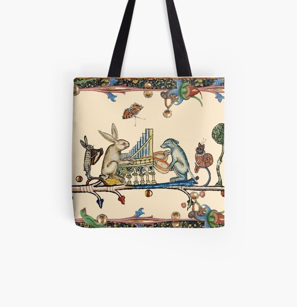 WEIRD MEDIEVAL BESTIARY MAKING MUSIC,White Rabbit And Dog Playing Organ, Harpist Hare, Snail Cat All Over Print Tote Bag