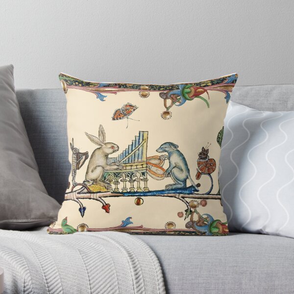WEIRD MEDIEVAL BESTIARY MAKING MUSIC,White Rabbit And Dog Playing Organ, Harpist Hare, Snail Cat Throw Pillow