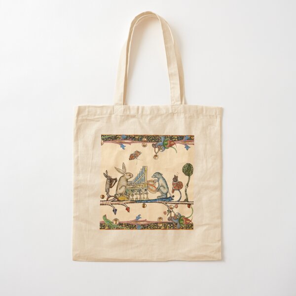 WEIRD MEDIEVAL BESTIARY MAKING MUSIC,White Rabbit And Dog Playing Organ,Harpist Hare,Snail Cat Cotton Tote Bag